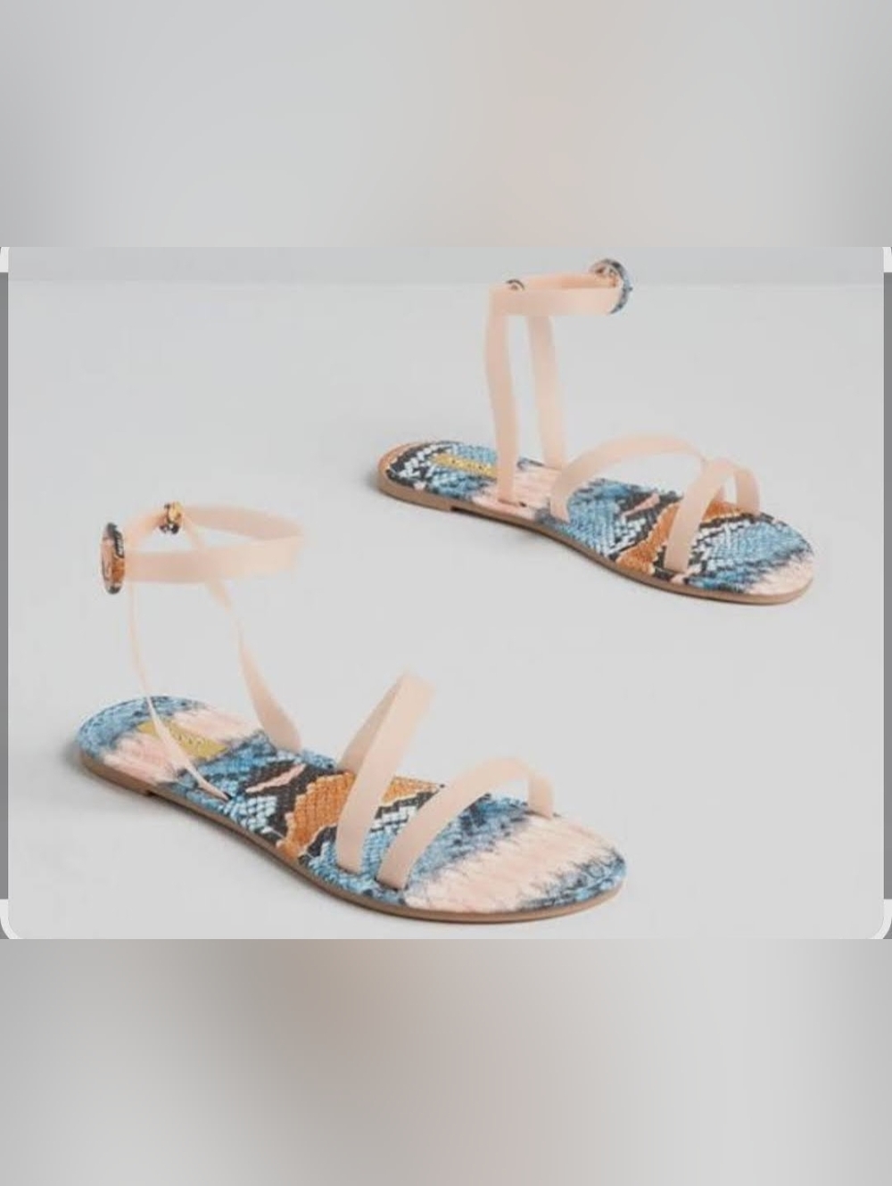 Qupid Blush Ankle-Strap Sandals with Blue Snake-Print Footbed